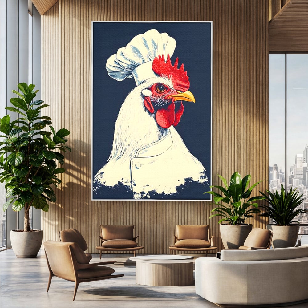 Tablou canvas cu tablou canvas cu gaina bucatar, in rama de aluminiu argintiu, pe perete intr-un birou